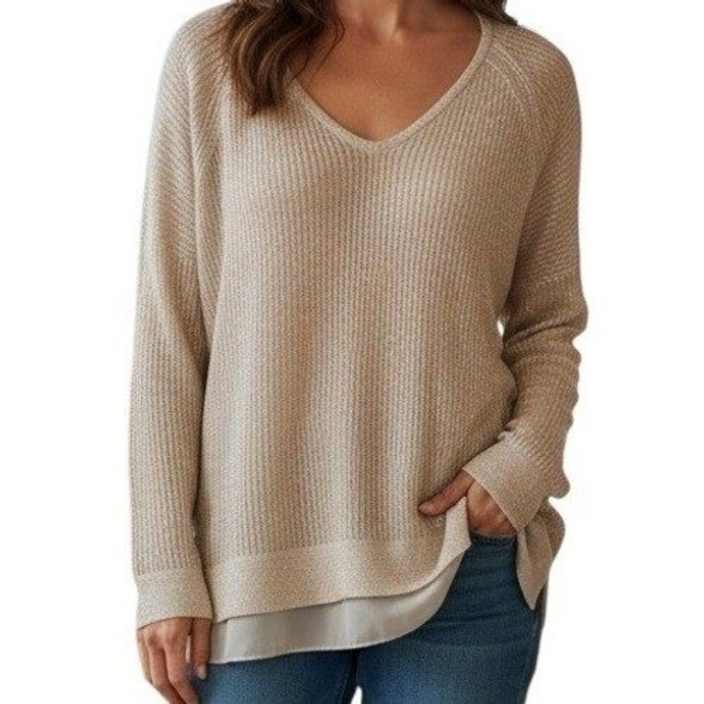 LUCKY BRAND Champagne Gold Metallic Chiffon Trim V-Neck Top EUC Size Large